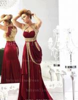 Wholesale 2014 Arabic Evening Dresses Sexy Sweetheart Chiffon burgundy Gold Embroidery Crystals Dresses for Prom
