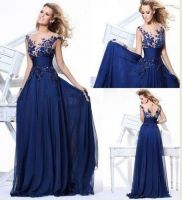 Eevning Dresses Vintage Beach Chiffon Navy Blue Prom Gown with Floral Lace
