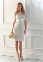 Bridal Wears Sheath/Column Bateau Short Sleeve Knee Length Lace Removable Sash Wedding Dresses