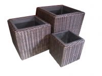 Square flat rattan plastics pots, sets of 3, with black plastic pots inside, iron frame, brown color