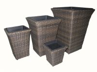 Square flat rattan plastics pots, sets of 4, with black plastic pots inside, iron frame, brown color