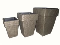 Square flat rattan plastics pots, sets of 3, with black plastic pots inside, iron frame, Light gray color