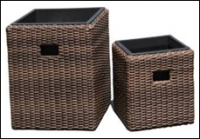 Square flat rattan plastics pots, sets of 2, with black plastic pots inside, iron frame, brown color