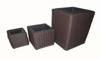 Square flat rattan plastics pots, sets of 3, with black plastic pots inside, iron frame, brown color