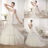 CW972 Retro elegant high neck applique lace mermaid wedding dress 2014