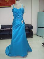 Pleated teal blue satin evening dress RE12015