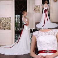Small neckline Venice Lace Bridal Dresses with red Belt