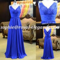 Speical back design V neckline Ruffled Chiffon Royal Blue Prom dresses RE16012