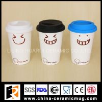 15oz smile design ceramic coffee cup with silicone lid and sleeve