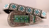 Western Green Glass Studded Rhinestone Buckle Leather Belt