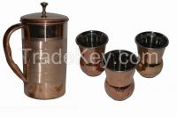  Raghav India 100% Genuine Pure Copper Stlish Design Copper Jug 1.6 Litre Capacity + 3 Punjabli Glasses Steel Finish Inside Combo Set