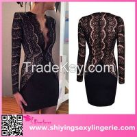 sexy lace eyelash nude illusion long sleeve evening dress