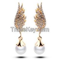 Gold Diamond Angel Wing,pearl Earring,eardrop