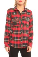 Women Casual Plaid Shirts with Beaded Pockets