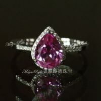 Synthetic Pink Sapphire Gem Drop Shape Ring Red Corundum 925 Sterling Silver White Gold Plated
