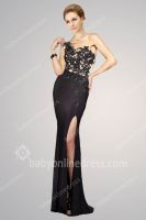 2014 Evening Dresses Black Vestidos de Fiesta Bateau One Shoulder Slit Floor Length Lace Beaded Sheath Prom Gowns From Babyonlinedress