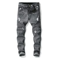 Hot-selling man's moto style ripped slim fit denim jeans for wholesale