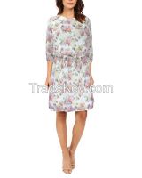 S16DR27-Chiffon 3/4 Sleeves Floral Pastel Dress