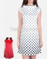 DR6-Gabardine/Cotton Polka Dotted Cap Sleeve Shift Dress