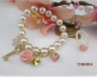 2014 New Fashion Cheap Korea Style Gold Plated Alloy Kids Pearl Key Star Flower Charm Bracelet Ring Set Jewelry Wholesale