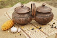 Ceramic pot set of two pots made of red clay. 