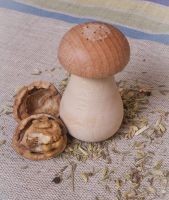 Wooden salt shaker made by hands in the form of a mushroom. 