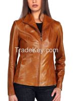 Brown simple style leather jacket for women
