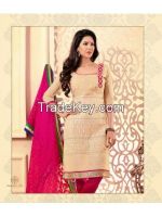 BEAUTIFUL CREAM AND PINK CHANDERI COTTON SALWAR KAMEEZ