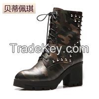Camouflage genuine leather lacing knee-high boots