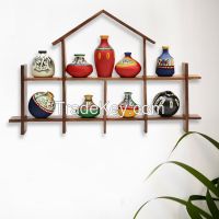 ExclusiveLane 9 Terracotta Warli Handpainted Pots With Sheesham Wooden Hut Frame Wall Hanging