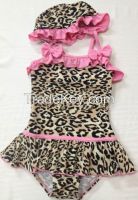Baby girl's one-piece swimwear / children's very cute swimsuit with leopard pattern and hat