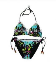 Sexy string bikini with push up cup and ruffle of lace / Fashion patterned swimwear