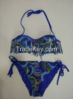 Sexy string bikini with bandeau top cup geometric print and beatuiful tassesls