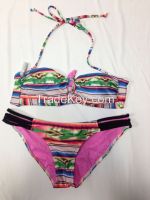 Sexy string bikini with bandeau top cup flower and check print UV protection