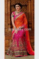 Orange Pink Embroidered Designer Saree