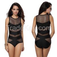 2015 Low Cut Sheer Mesh Swimwear Sexy Bodysuit One piece Swim suit Women One pieces Bathing suits Black White Maillot de bain