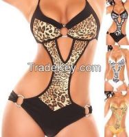 2015 Cheap New Women One Pieces Monokini Leopard Metal Loop Swimsuit Halter Adjustable Push up Swimwear 4 Colors Bathing Suit