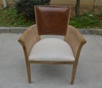 Comfortable rattan armrest french leather back solid wood dining chairs