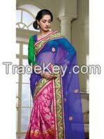 Pink Blue Ceremonial Saree Net Chanderi Embroidery Indian Sari