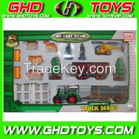 new arrival diecast farm machine series set including Agricultural tractor,fence,dogs,oil can,timber truck,helicopter