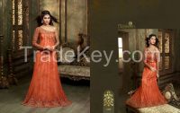 Orange color Net fabric designer suit