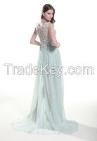 Scoop neck cap sleeves pleated bodice illusion back long evening dress