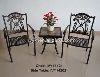 patio& lawn furniture metal cast aluminum small square ceramic side table and 2 chairs stackable