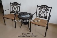 patio& lawn 3-piece outdoor cast aluminum ice bucket round side table and 2 chairs stackable chairs