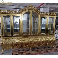 Luxury Wooden Shiny Gold Foil 6 Door Wine Display Cabinet, Royal Living Room Cabinets Antique Solid Wood Oak Traditional
