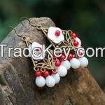 Chinese Traditional Old Style Copper and Red Precious Stone Earrings