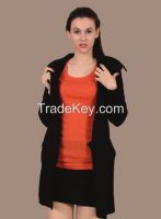 women's/ lady's sexy pure black long cardigan/ merino wool/hooded