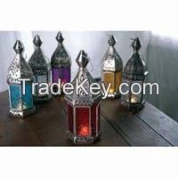 Colored Glass Moroccan Iron Candle Lantern