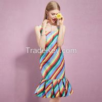 New Fashion 61077 Women Casual Button Tunic Rainbow Bandage Dress Striped Elegant Sleeveless Trumpet Midi Dress