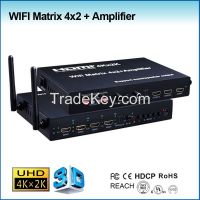 WIFI hdmi Matrix 4x2 + Amplifier (Support IOS/Android WIFI display, 4Kx2K,Bass/speaker output)